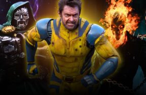 Fan-made Marvel artwork featuring Wolverine in his yellow suit charging forward, with Doctor Doom on the left and Ghost Rider with his flaming skull on the right, symbolizing epic Marvel characters possibly returning to the MCU.