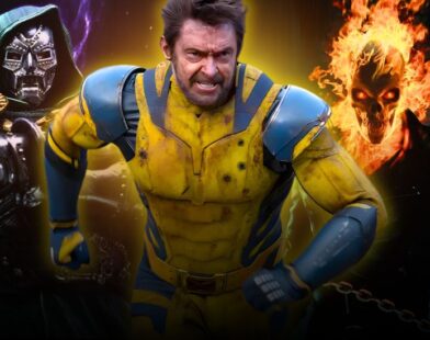 Fan-made Marvel artwork featuring Wolverine in his yellow suit charging forward, with Doctor Doom on the left and Ghost Rider with his flaming skull on the right, symbolizing epic Marvel characters possibly returning to the MCU.