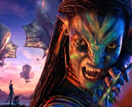 Theatrical poster of Avatar: Fire and Ash (2025) showing Varang flying on a banshee above the volcanic landscape of Pandora, with the film’s logo below.