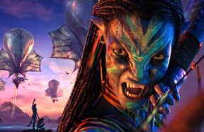 Theatrical poster of Avatar: Fire and Ash (2025) showing Varang flying on a banshee above the volcanic landscape of Pandora, with the film’s logo below.