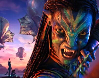 Theatrical poster of Avatar: Fire and Ash (2025) showing Varang flying on a banshee above the volcanic landscape of Pandora, with the film’s logo below.