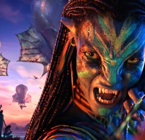 Theatrical poster of Avatar: Fire and Ash (2025) showing Varang flying on a banshee above the volcanic landscape of Pandora, with the film’s logo below.