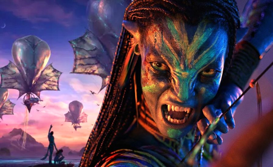 Theatrical poster of Avatar: Fire and Ash (2025) showing Varang flying on a banshee above the volcanic landscape of Pandora, with the film’s logo below.