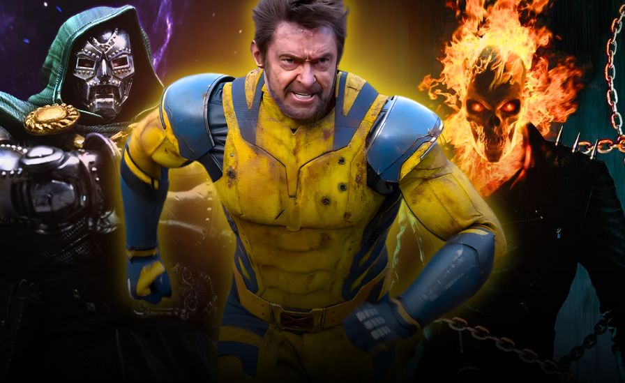Fan-made Marvel artwork featuring Wolverine in his yellow suit charging forward, with Doctor Doom on the left and Ghost Rider with his flaming skull on the right, symbolizing epic Marvel characters possibly returning to the MCU.