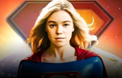 Milly Alcock as Supergirl in DCU movie with Jason Momoa's Lobo teased in background.