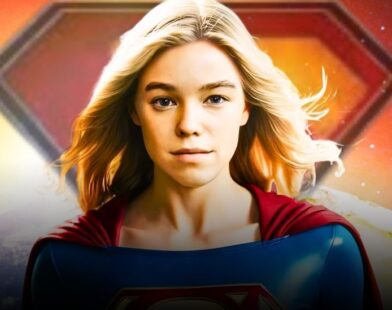 Milly Alcock as Supergirl in DCU movie with Jason Momoa's Lobo teased in background.