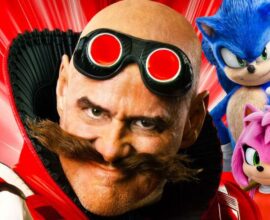 im Carrey as Dr. Robotnik standing next to Sonic the Hedgehog in a cinematic promotional-style image with modern lighting