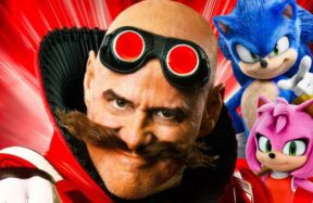 im Carrey as Dr. Robotnik standing next to Sonic the Hedgehog in a cinematic promotional-style image with modern lighting