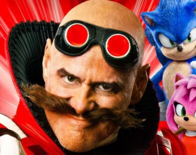 im Carrey as Dr. Robotnik standing next to Sonic the Hedgehog in a cinematic promotional-style image with modern lighting
