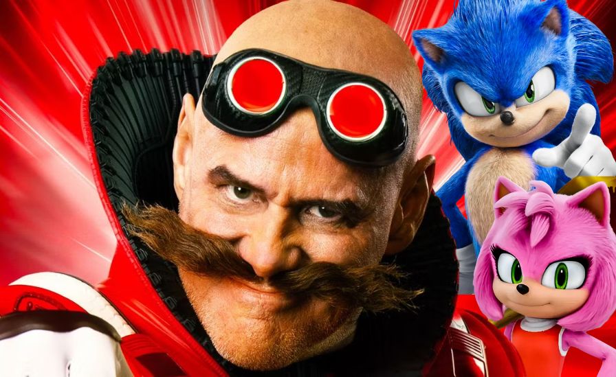 im Carrey as Dr. Robotnik standing next to Sonic the Hedgehog in a cinematic promotional-style image with modern lighting