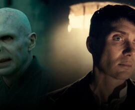 Cillian Murphy and Ralph Fiennes side by side with Harry Potter-themed background, representing Voldemort casting speculation.