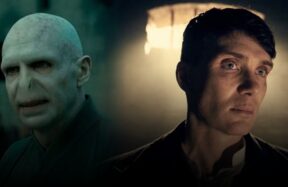 Cillian Murphy and Ralph Fiennes side by side with Harry Potter-themed background, representing Voldemort casting speculation.