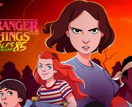 Characters from Stranger Things: Tales From ’85 animated series with Hawkins backdrop