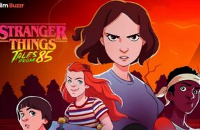 Characters from Stranger Things: Tales From ’85 animated series with Hawkins backdrop
