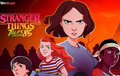 Characters from Stranger Things: Tales From ’85 animated series with Hawkins backdrop