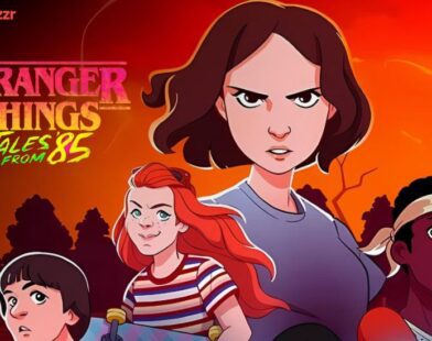 Characters from Stranger Things: Tales From ’85 animated series with Hawkins backdrop