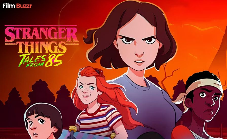 Characters from Stranger Things: Tales From ’85 animated series with Hawkins backdrop